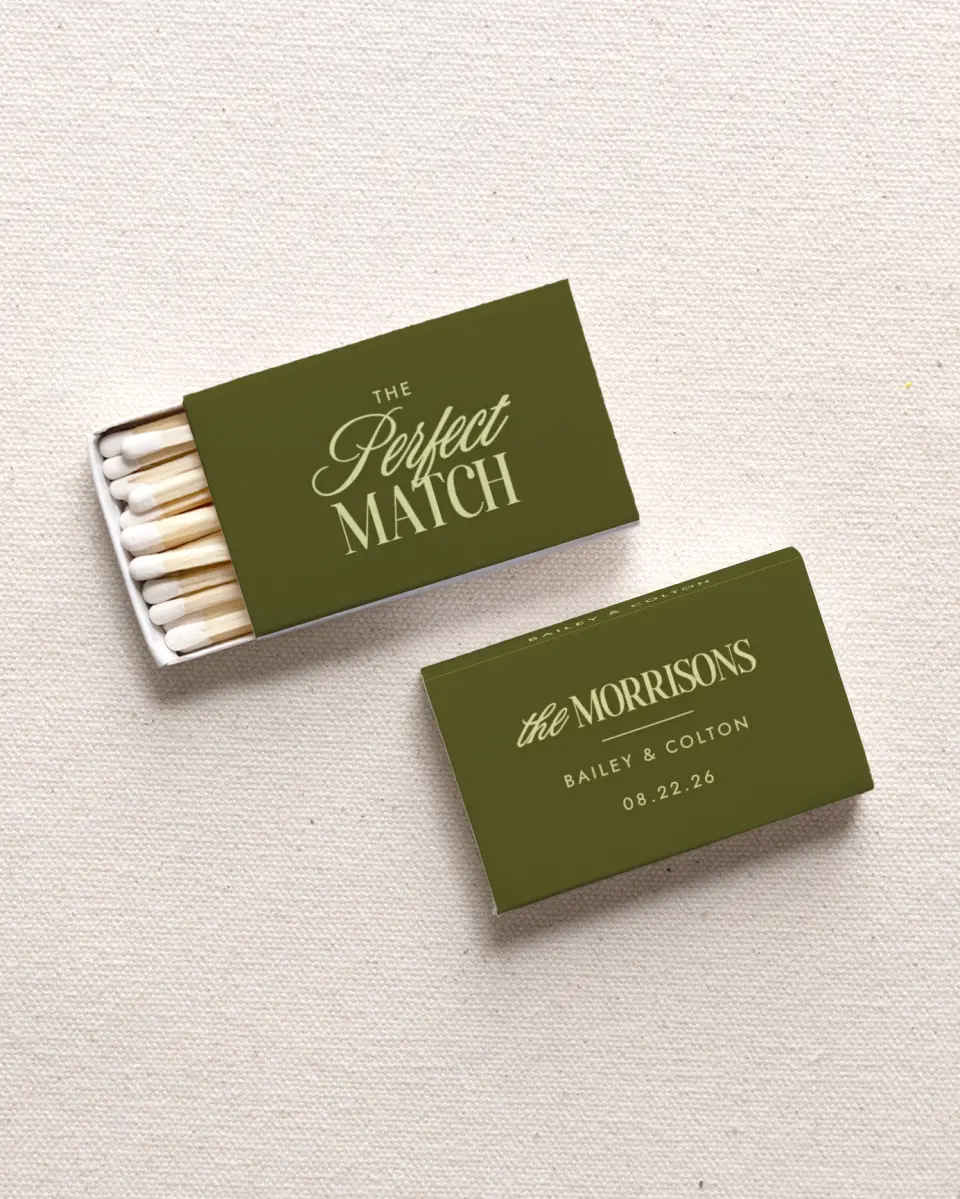 This is a 2.25" x 1.409" x .4" Wedding Matche called Loves Match printed in full color with Gold foil