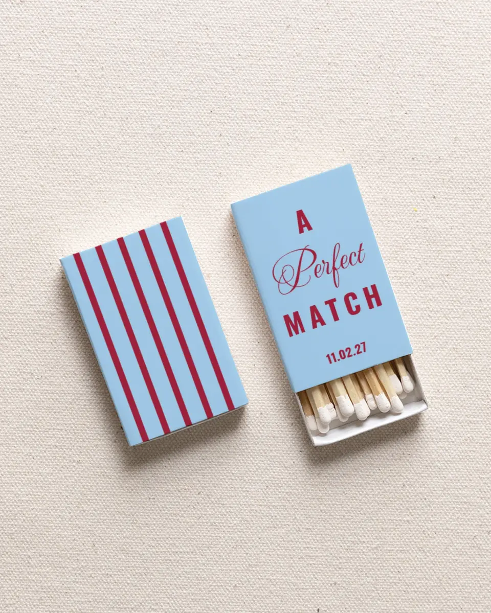 This is a 2.25" x 1.409" x .4" Wedding Matche called Stripe a Match printed in full color with Gold foil