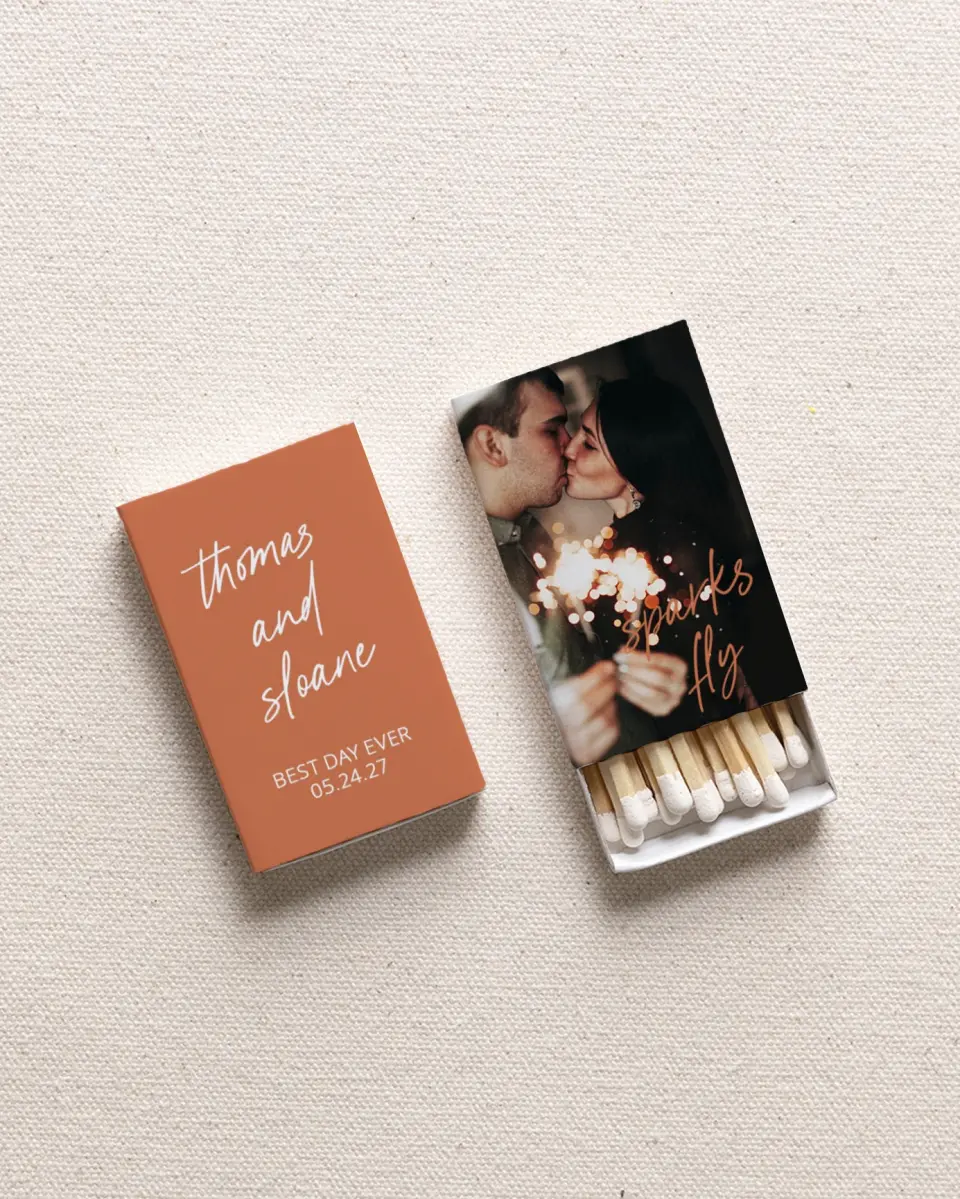 This is a 2.25" x 1.409" x .4" Wedding Matche called Sparks Will Fly printed in full color with Gold foil