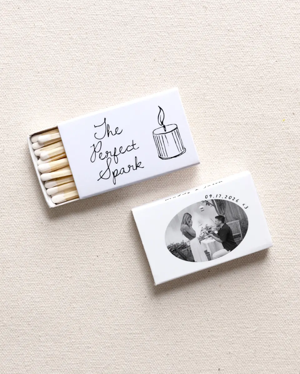 This is a 2.25" x 1.409" x .4" Wedding Matche called The Perfect Spark printed in full color with Gold foil