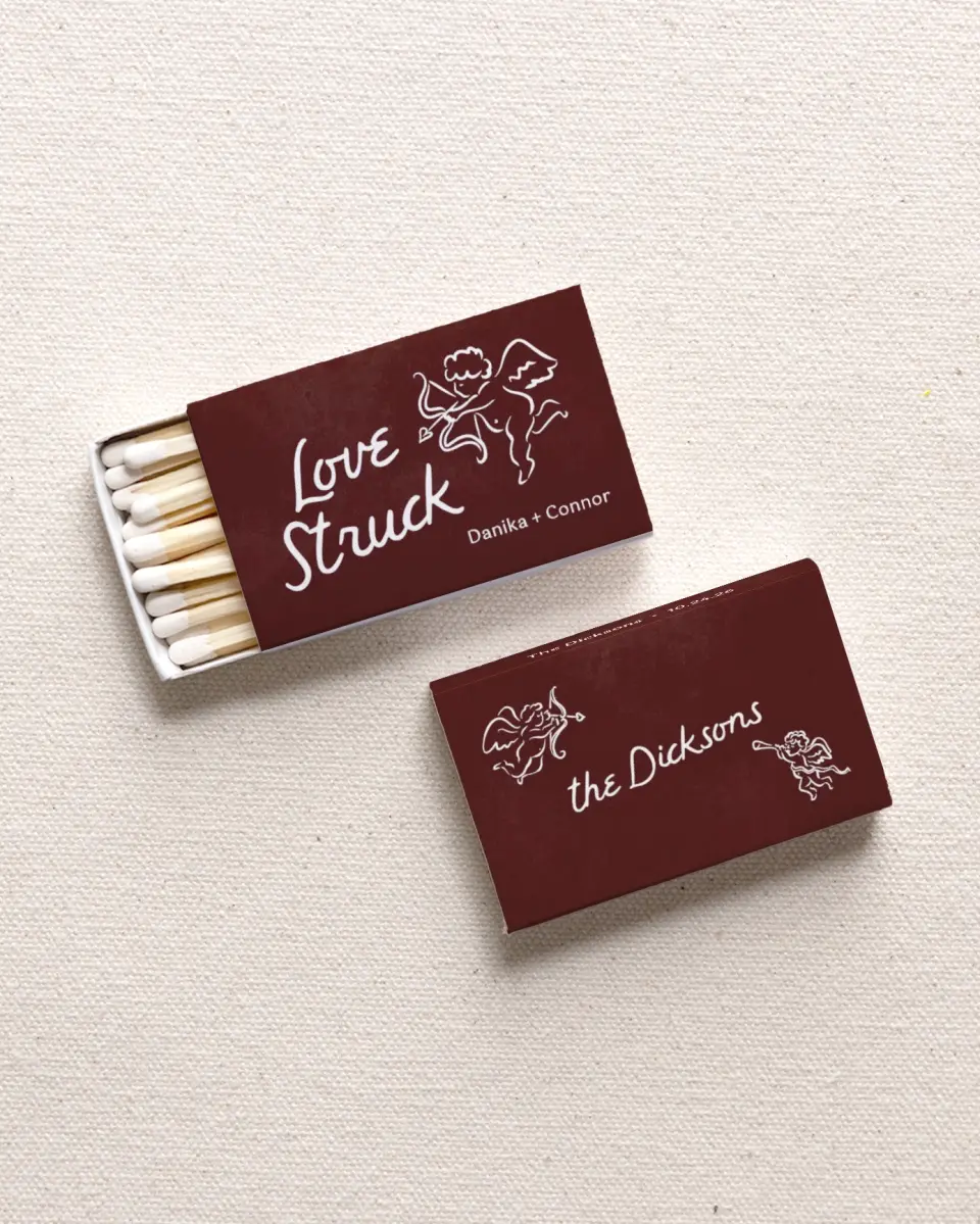 This is a 2.25" x 1.409" x .4" Wedding Matche called Love Struck printed in full color with Gold foil