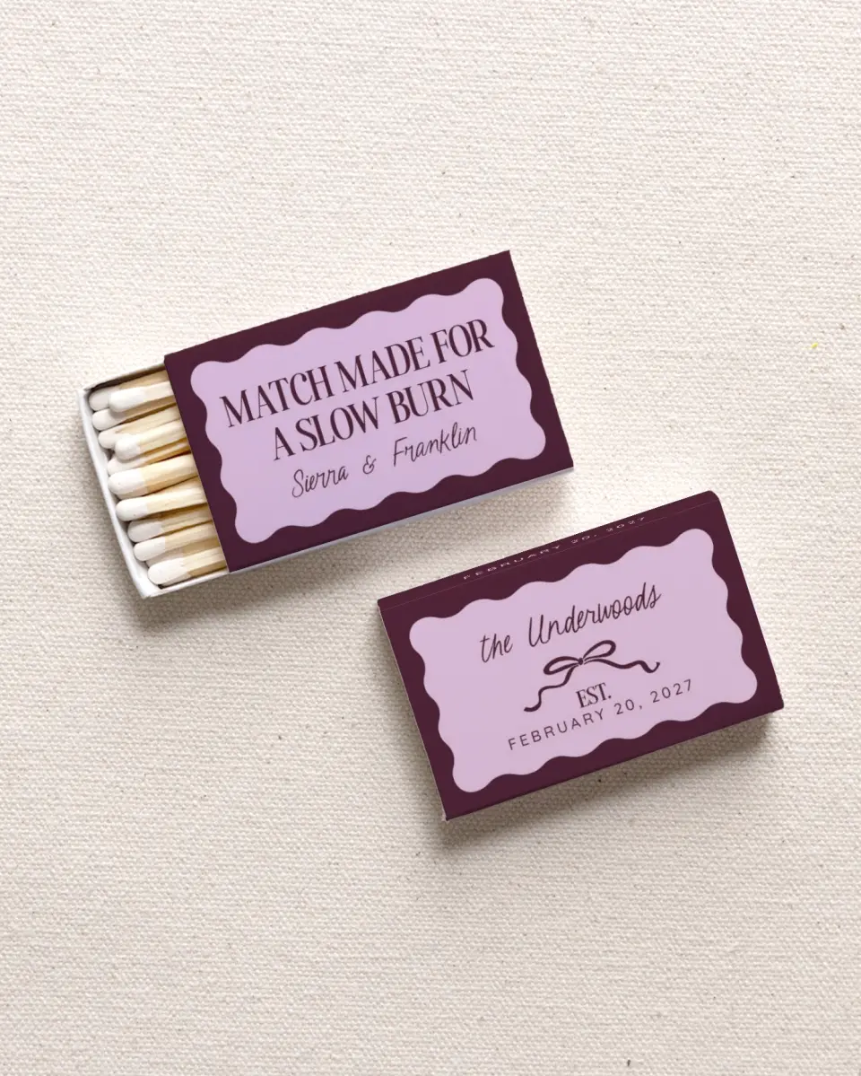 This is a 2.25" x 1.409" x .4" Wedding Matche called Slow Burn printed in full color with Gold foil