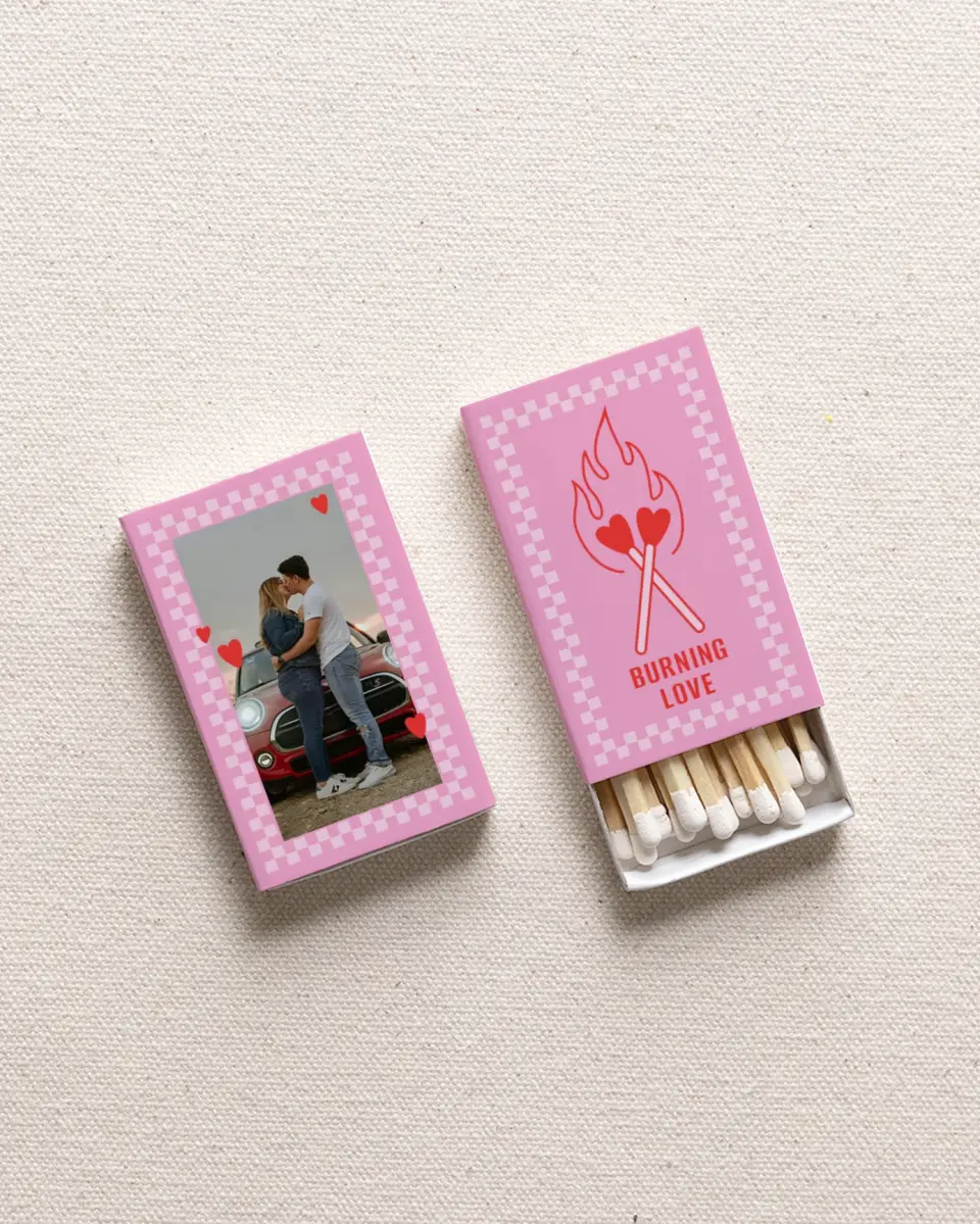 This is a 2.25" x 1.409" x .4" Wedding Matche called Burning Love printed in full color with Gold foil