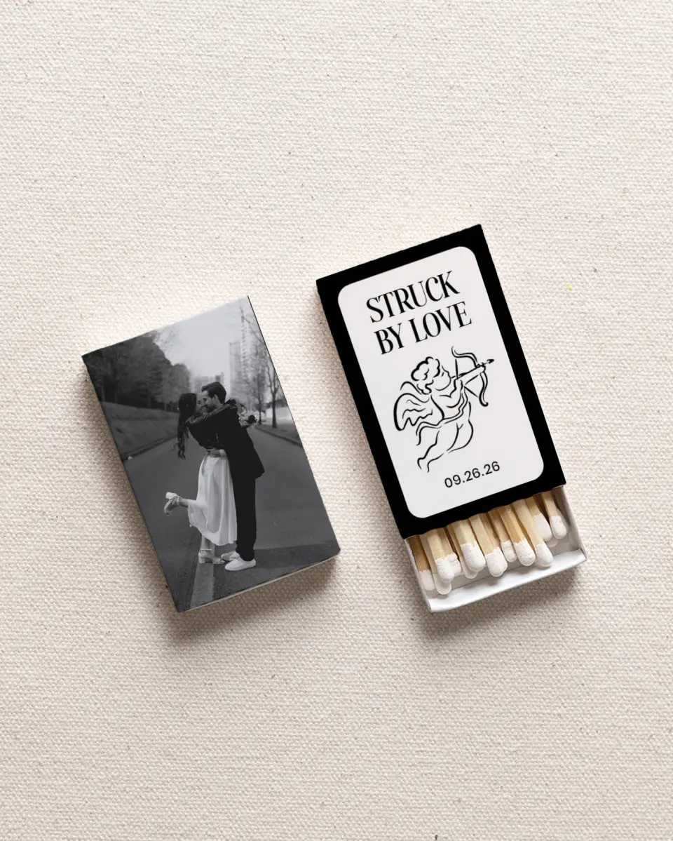 This is a 2.25" x 1.409" x .4" Wedding Matche called Struck by Love printed in full color with Gold foil