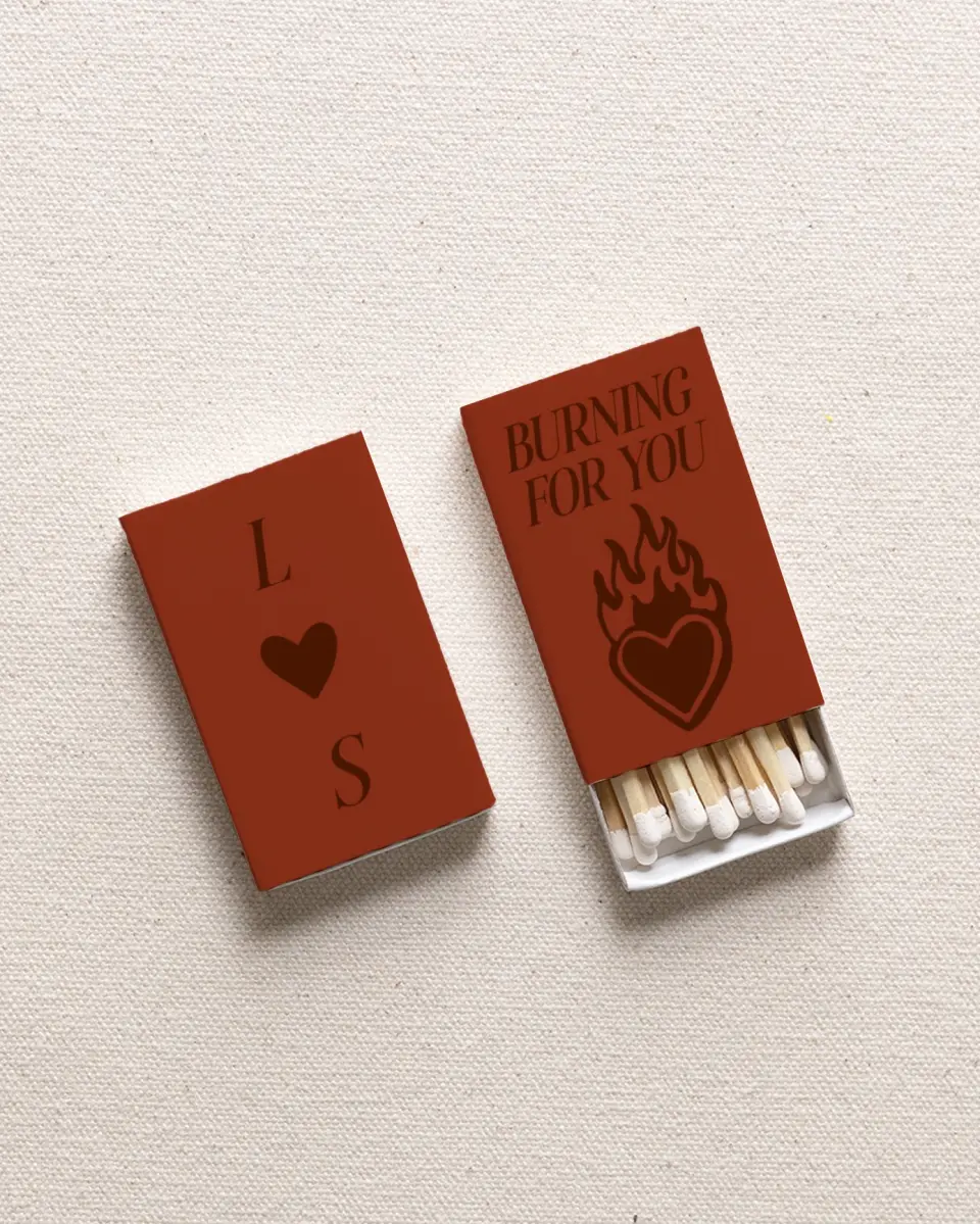 This is a 2.25" x 1.409" x .4" Wedding Matche called Burning For You printed in full color with Gold foil