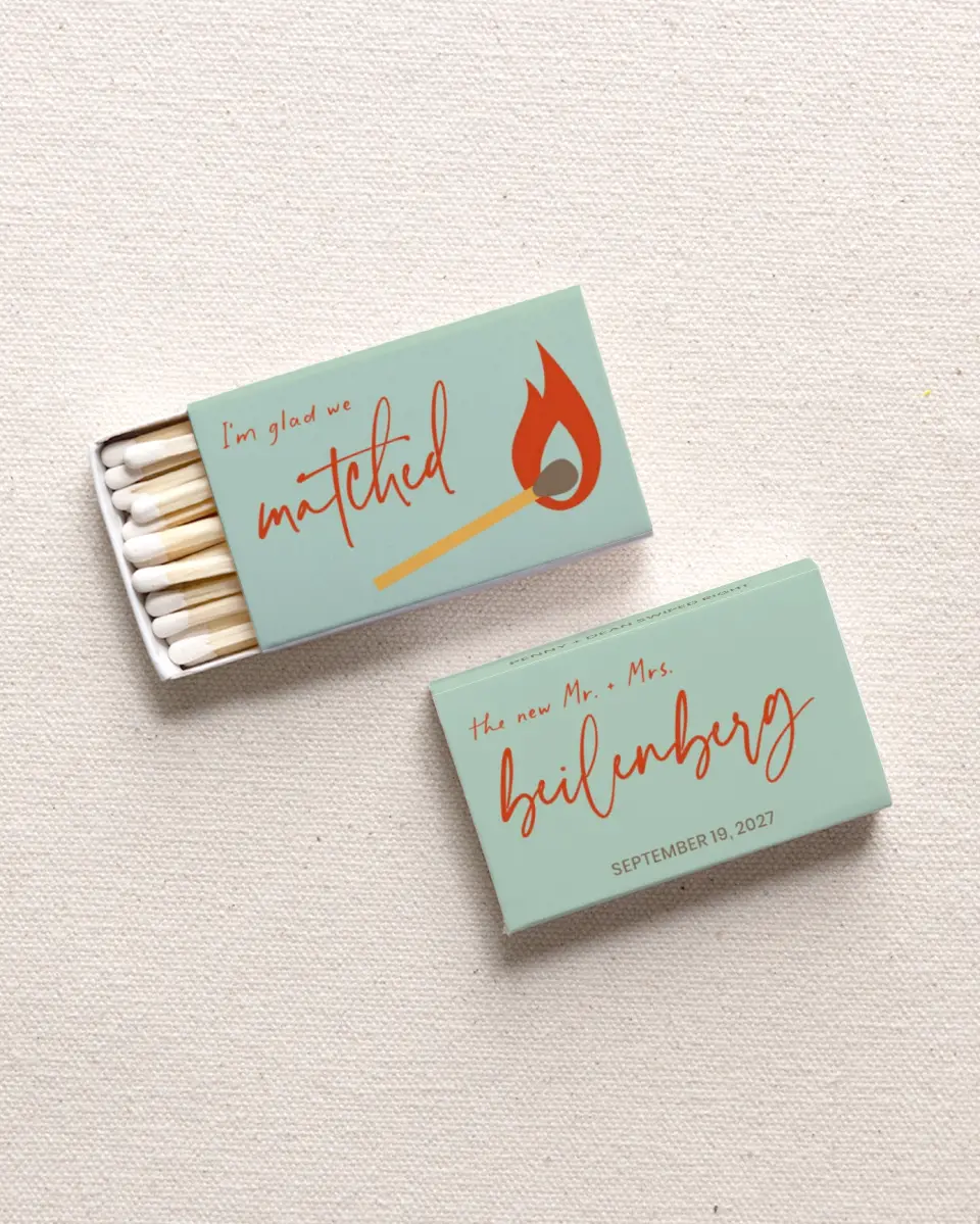 This is a 2.25" x 1.409" x .4" Wedding Matche called I'm Glad We Matched printed in full color with Gold foil