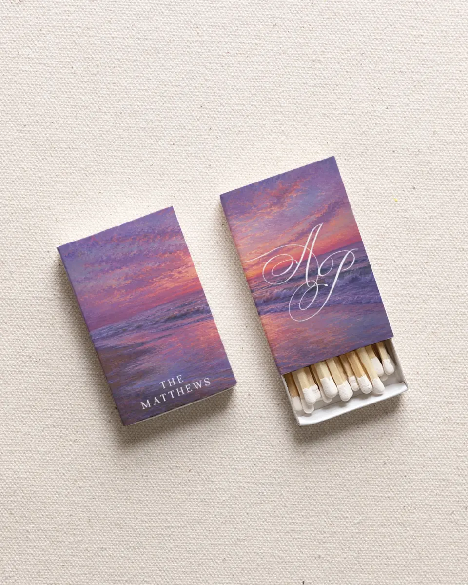 This is a 2.25" x 1.409" x .4" Wedding Matche called Painted Sunset printed in full color with Gold foil