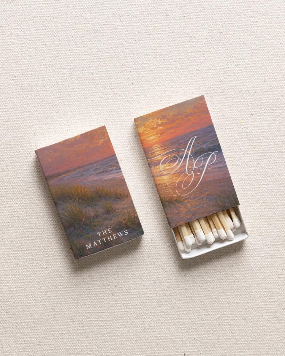 This is a 2.25" x 1.409" x .4" Wedding Matche called Coastal Glow printed in full color with Rose Gold foil