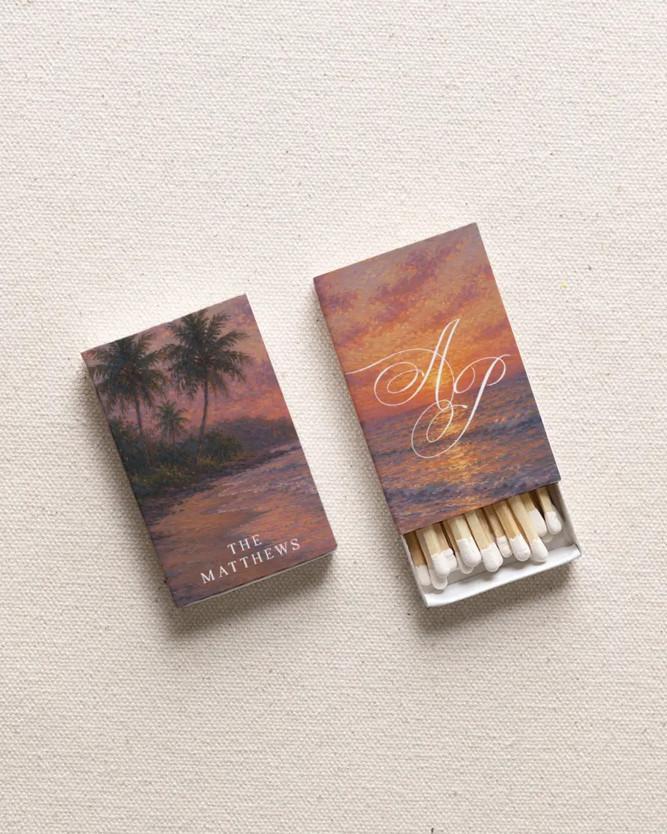 This is a 2.25" x 1.409" x .4" Wedding Matche called Paradise Tide printed in full color with Rose Gold foil