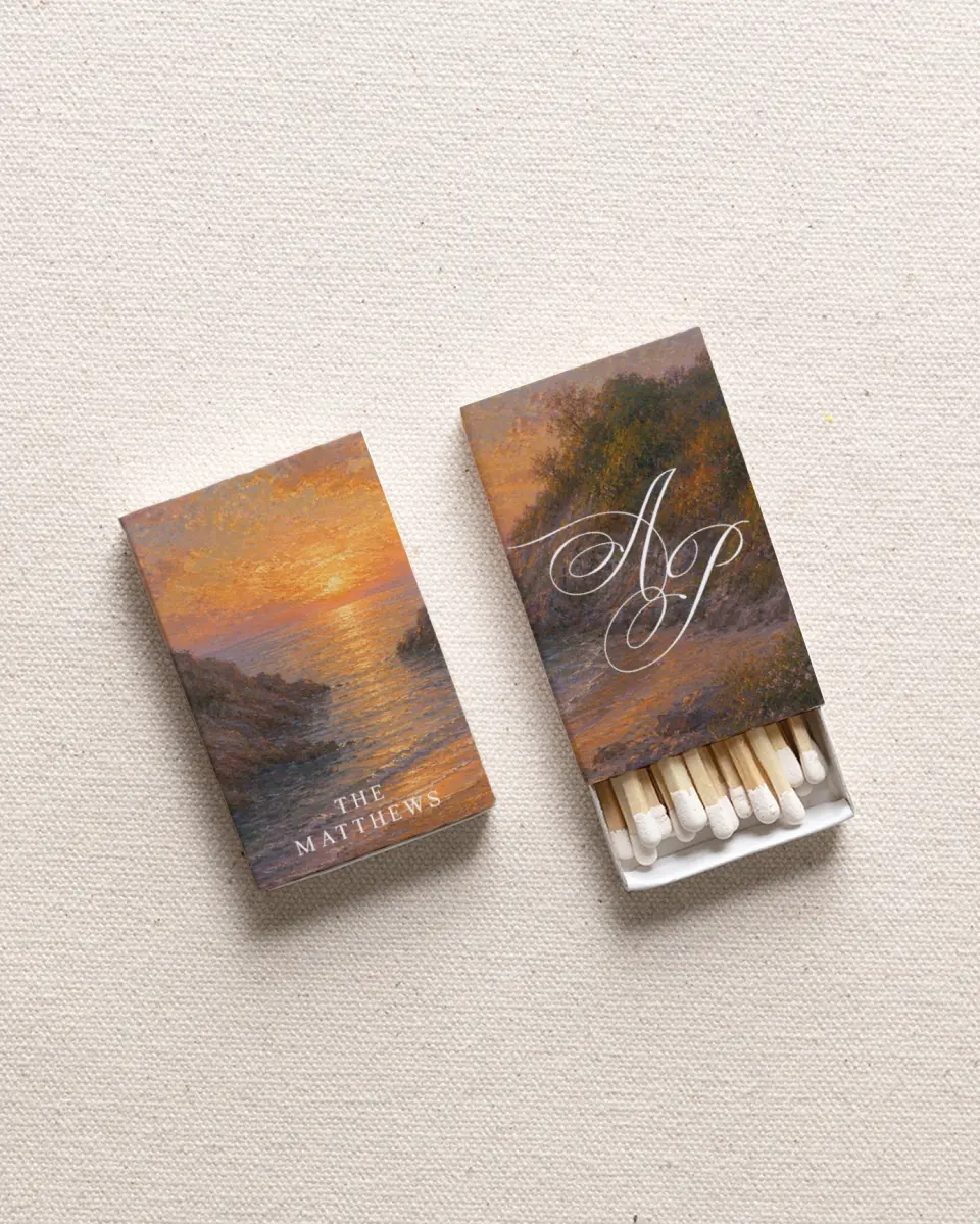 This is a 2.25" x 1.409" x .4" Wedding Matche called Golden Tide printed in full color with Gold foil