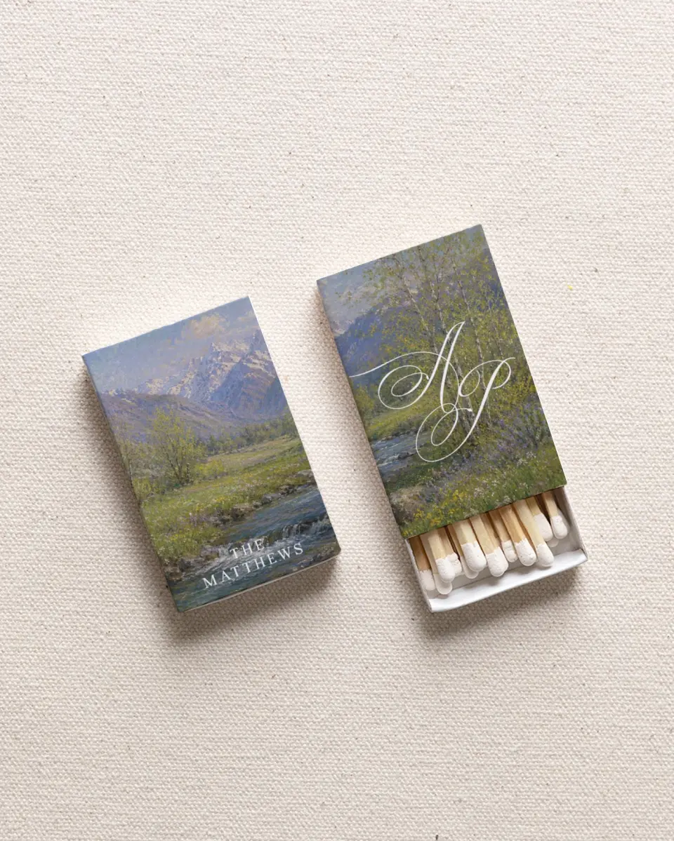 This is a 2.25" x 1.409" x .4" Wedding Matche called Mountain Meadow printed in full color with Rose Gold foil