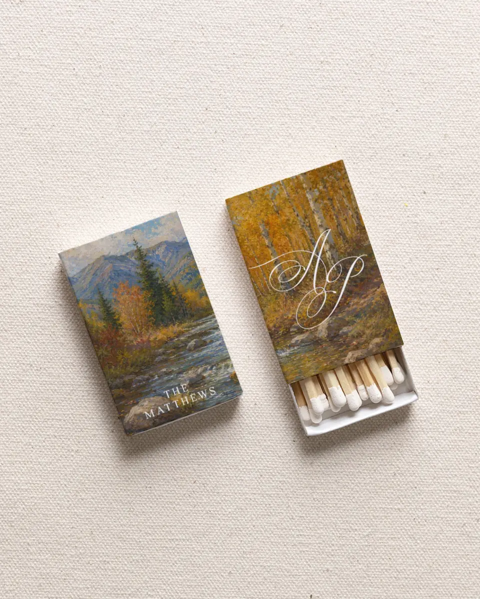 This is a 2.25" x 1.409" x .4" Wedding Matche called Autumn Creek printed in full color with Gold foil