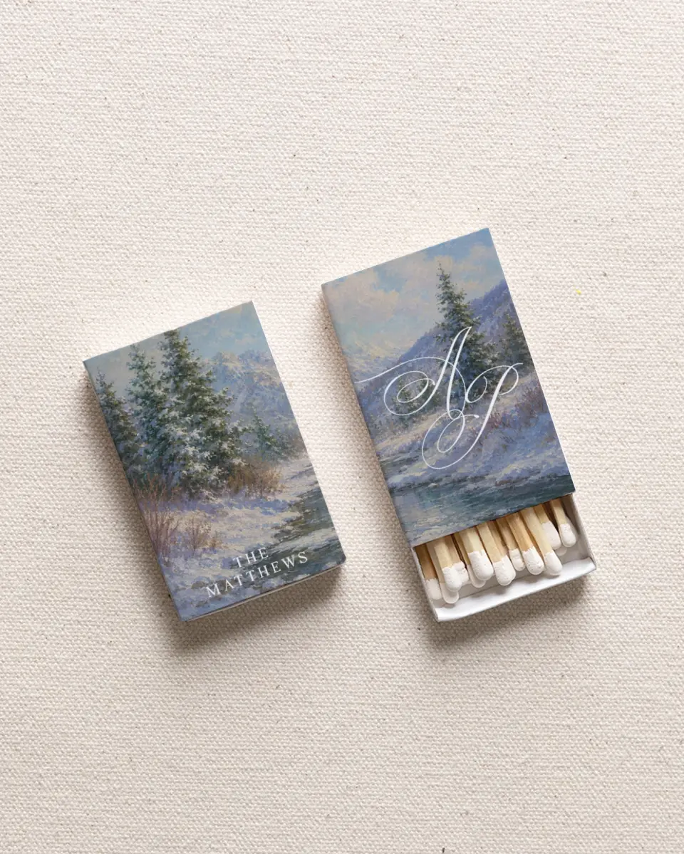 This is a 2.25" x 1.409" x .4" Wedding Matche called Snow-Kissed Creek printed in full color with Gold foil