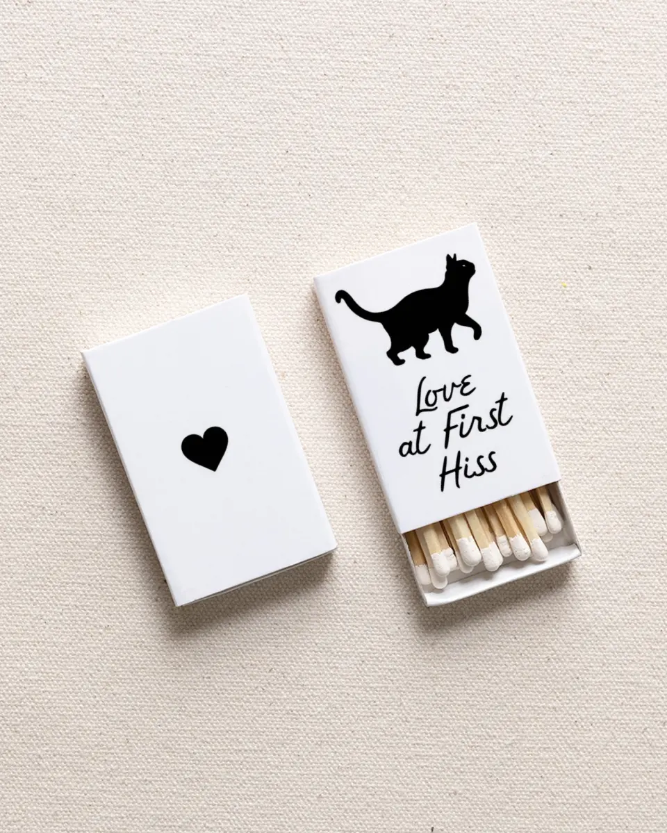 This is a 2.25" x 1.409" x .4" Wedding Matche called Black Cat (Sketch) printed in full color with Gold foil