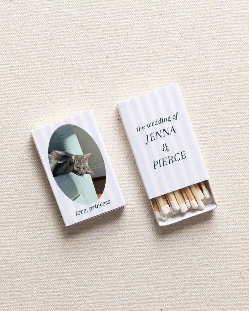 This is a 2.25" x 1.409" x .4" Wedding Matche called Gray Tabby (Photo) printed in full color with Gold foil