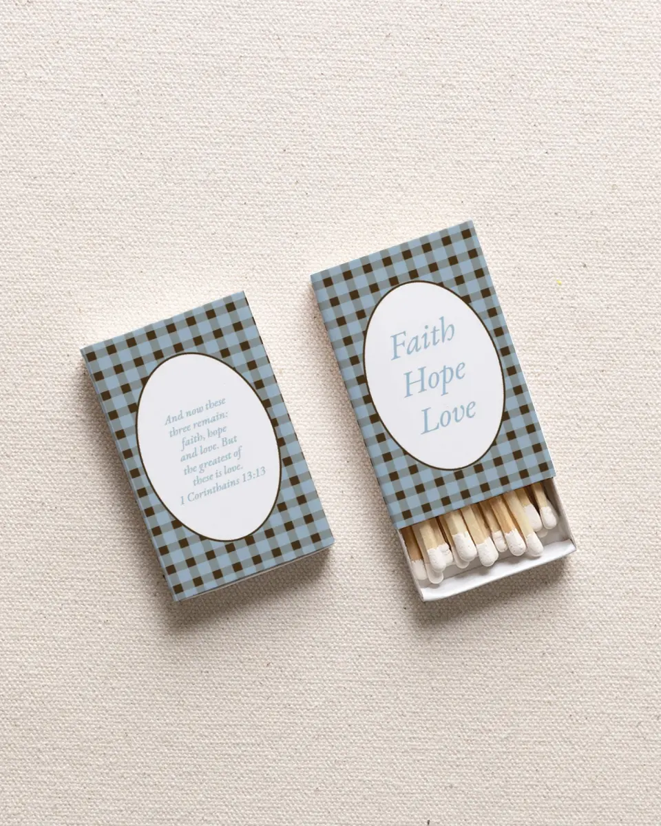 This is a 2.25" x 1.409" x .4" Wedding Matche called Faith • Hope • Love printed in full color with Rose Gold foil