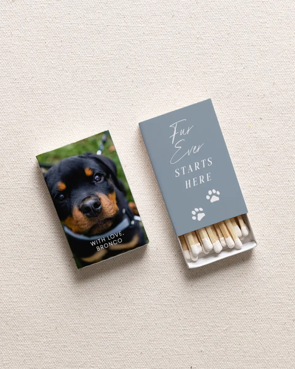 This is a 2.25" x 1.409" x .4" Wedding Matche called Rottweiler (Photo) printed in full color with Gold foil