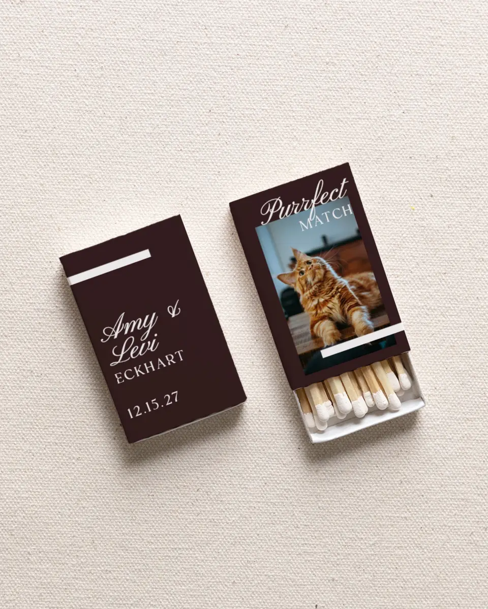 This is a 2.25" x 1.409" x .4" Wedding Matche called Orange Tabby (Photo) printed in full color with Gold foil