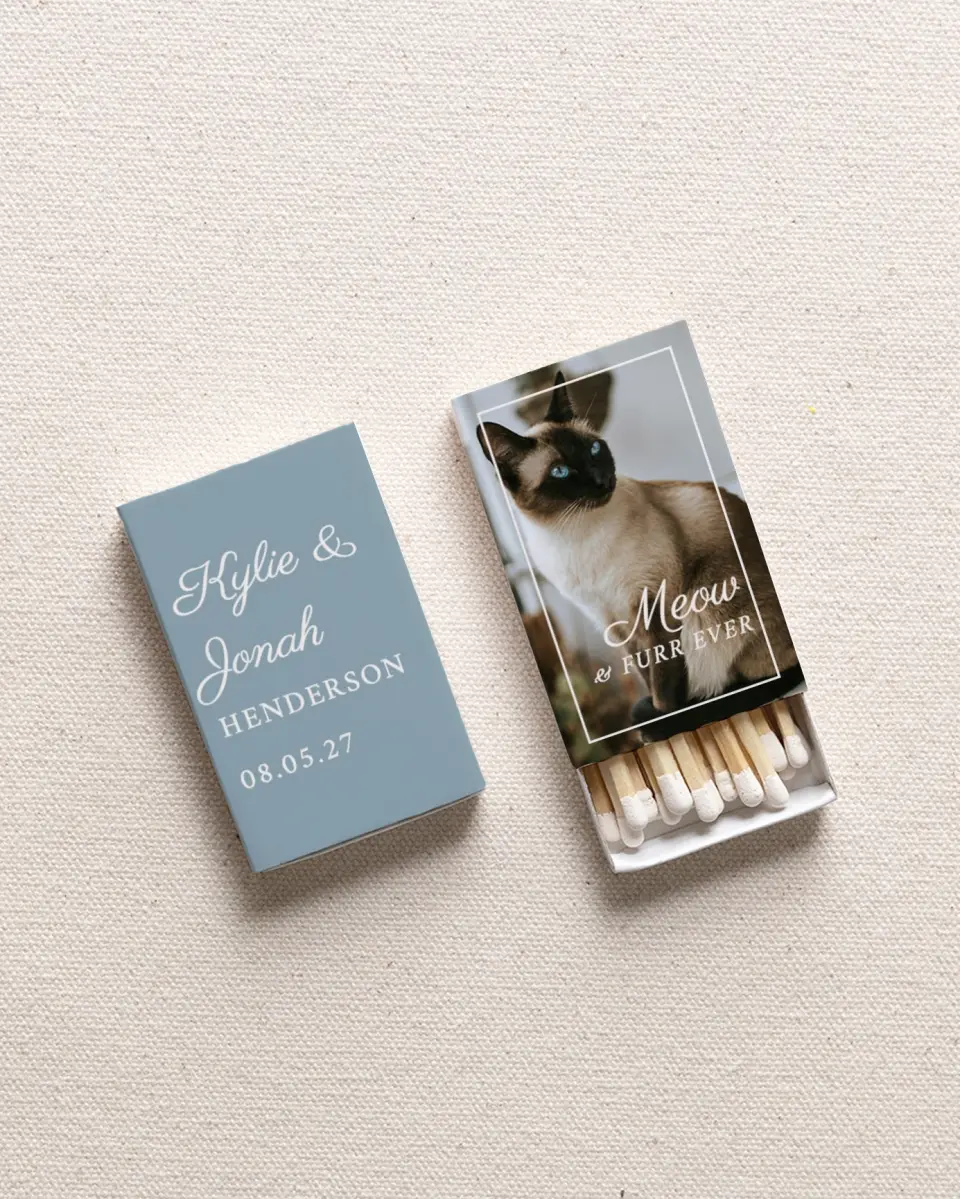 This is a 2.25" x 1.409" x .4" Wedding Matche called Siamese (Photo) printed in full color with Gold foil