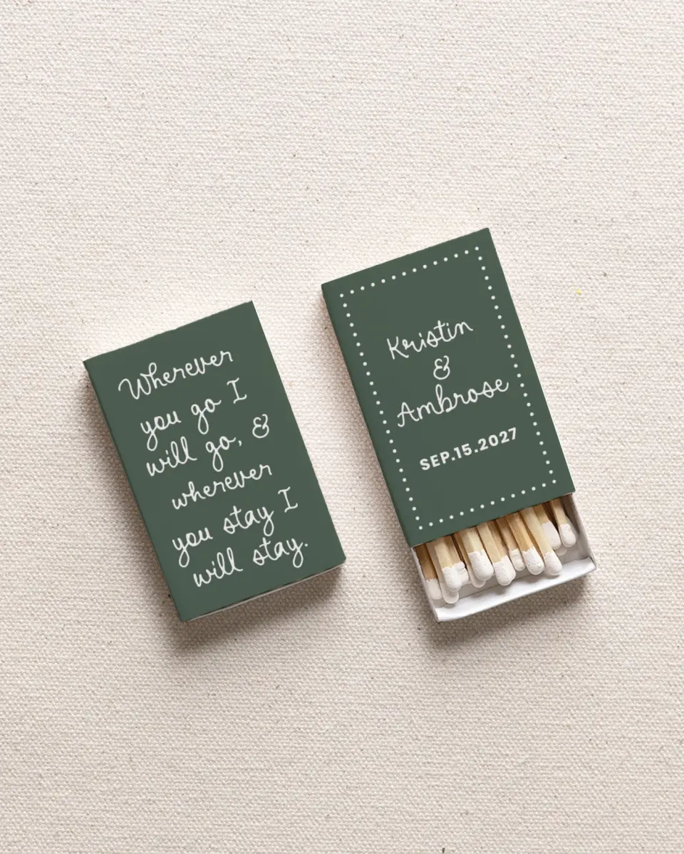 This is a 2.25" x 1.409" x .4" Wedding Matche called Where You Go, I Go printed in full color with Rose Gold foil