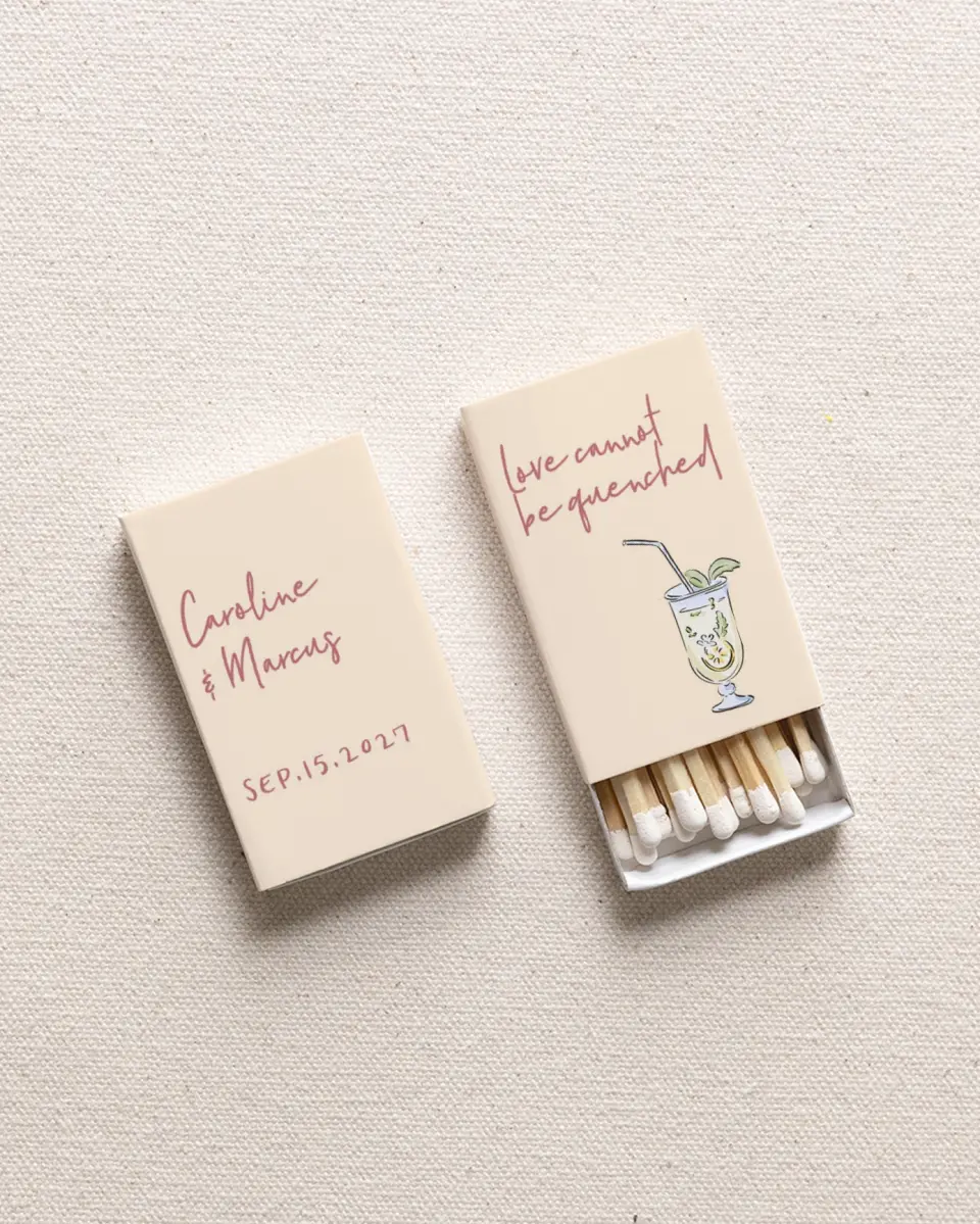 This is a 2.25" x 1.409" x .4" Wedding Matche called Love Cannot Be Quenched printed in full color with Rose Gold foil