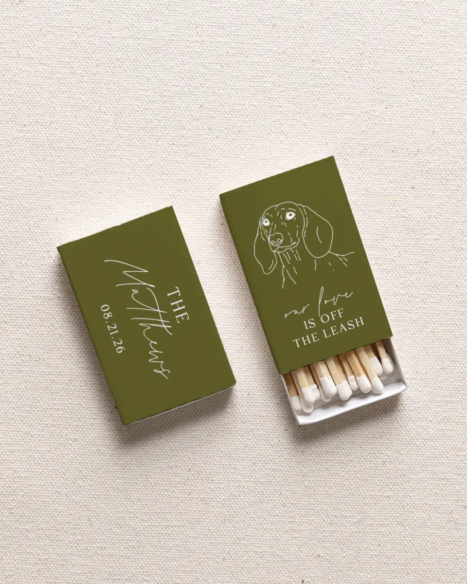 This is a 2.25" x 1.409" x .4" Wedding Matche called Dachshund (Sketch) printed in full color with Gold foil
