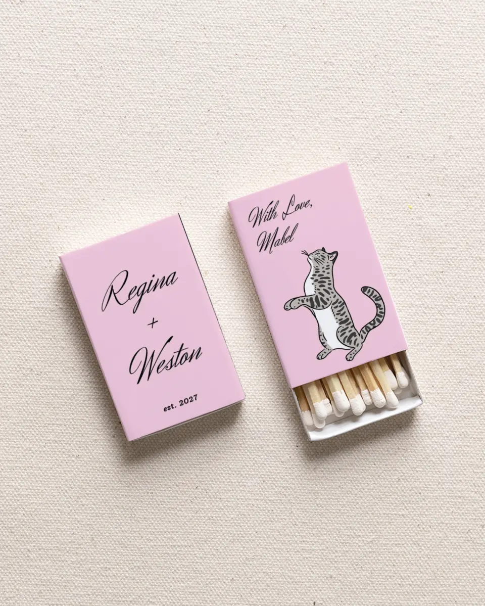 This is a 2.25" x 1.409" x .4" Wedding Matche called Gray Tabby (Sketch) printed in full color with Gold foil