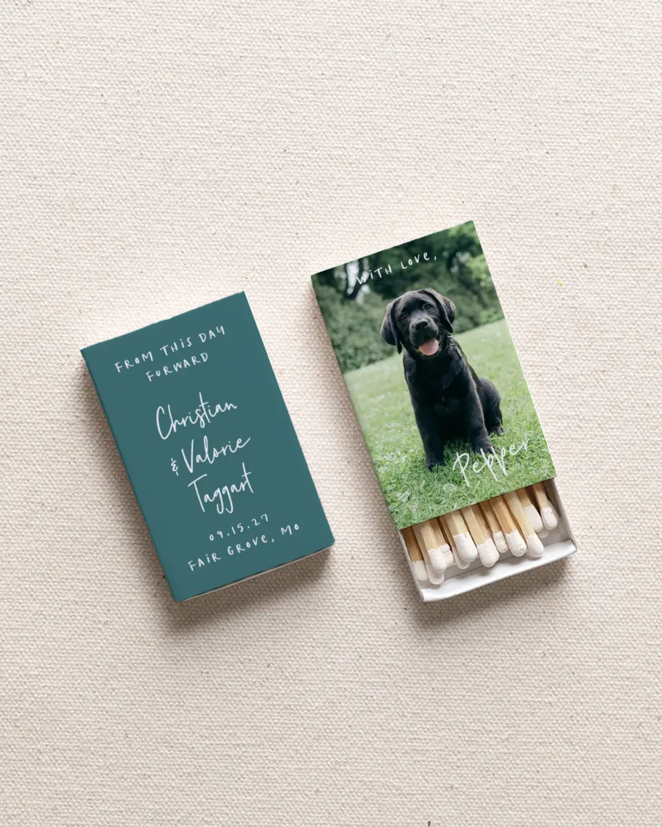 This is a 2.25" x 1.409" x .4" Wedding Matche called Black Labrador Retriever (Photo) printed in full color with Gold foil