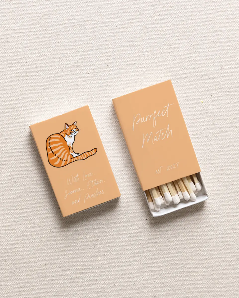 This is a 2.25" x 1.409" x .4" Wedding Matche called Orange Tabby (Sketch) printed in full color with Gold foil