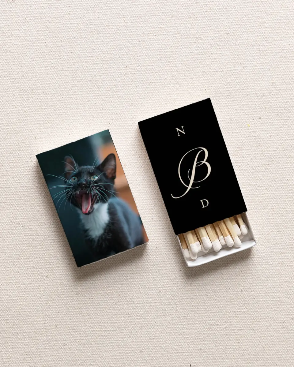 This is a 2.25" x 1.409" x .4" Wedding Matche called Black Cat (Photo) printed in full color with Gold foil