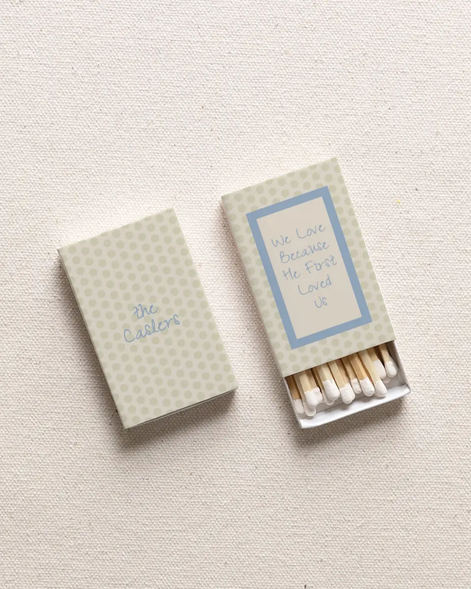 This is a 2.25" x 1.409" x .4" Wedding Matche called Loved First Loving Forever printed in full color with Rose Gold foil
