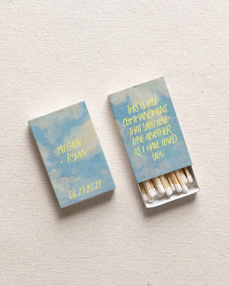 This is a 2.25" x 1.409" x .4" Wedding Matche called Loved As He Loved printed in full color with Rose Gold foil