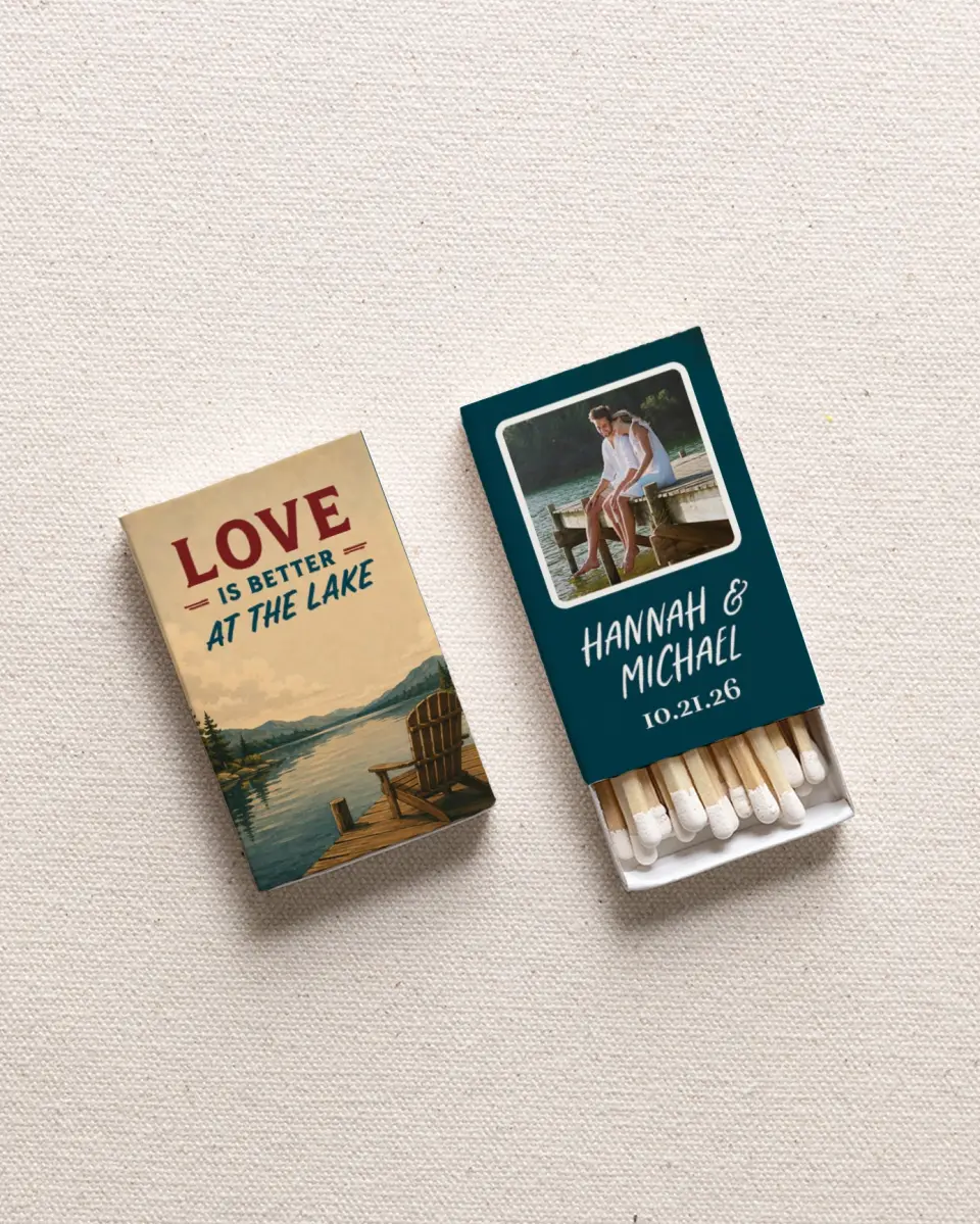 This is a 2.25" x 1.409" x .4" Wedding Matche called Love is Better at the Lake printed in full color with Rose Gold foil
