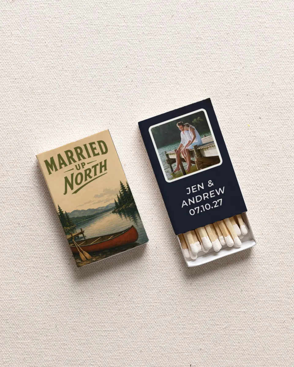 This is a 2.25" x 1.409" x .4" Wedding Matche called Married Up North printed in full color with Rose Gold foil