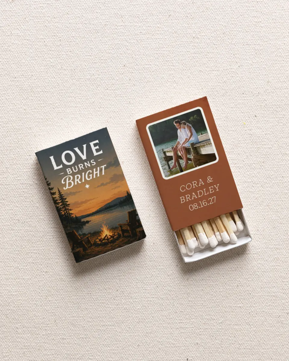 This is a 2.25" x 1.409" x .4" Wedding Matche called Love Burns Bright printed in full color with Rose Gold foil
