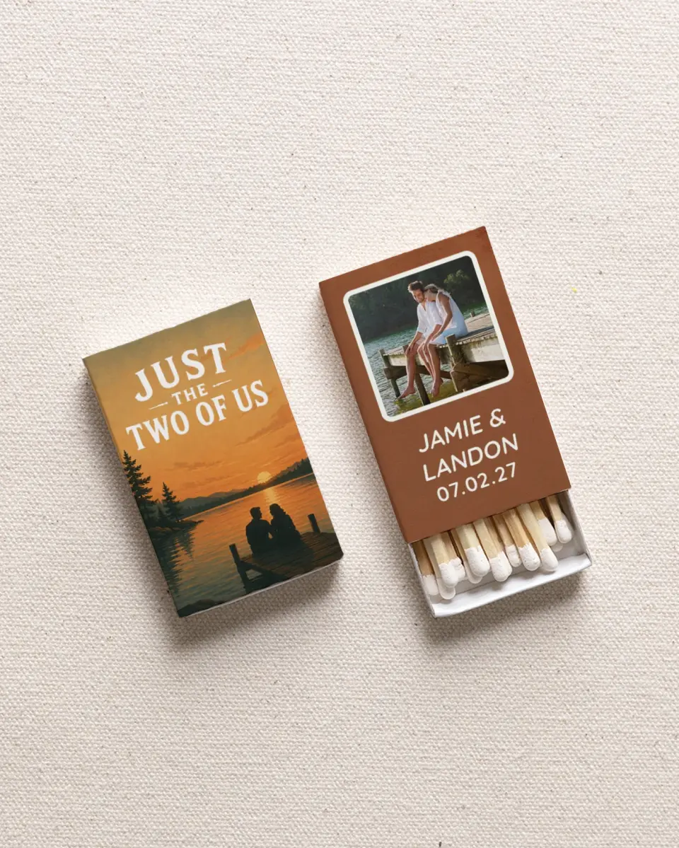 This is a 2.25" x 1.409" x .4" Wedding Matche called Just the Two of Us printed in full color with Rose Gold foil