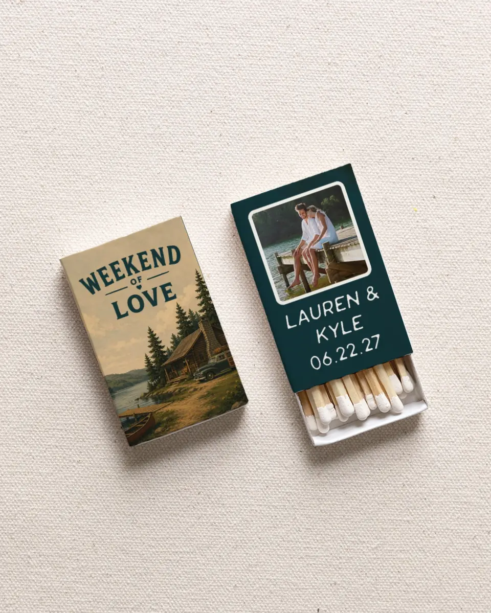 This is a 2.25" x 1.409" x .4" Wedding Matche called Weekend of Love printed in full color with Rose Gold foil