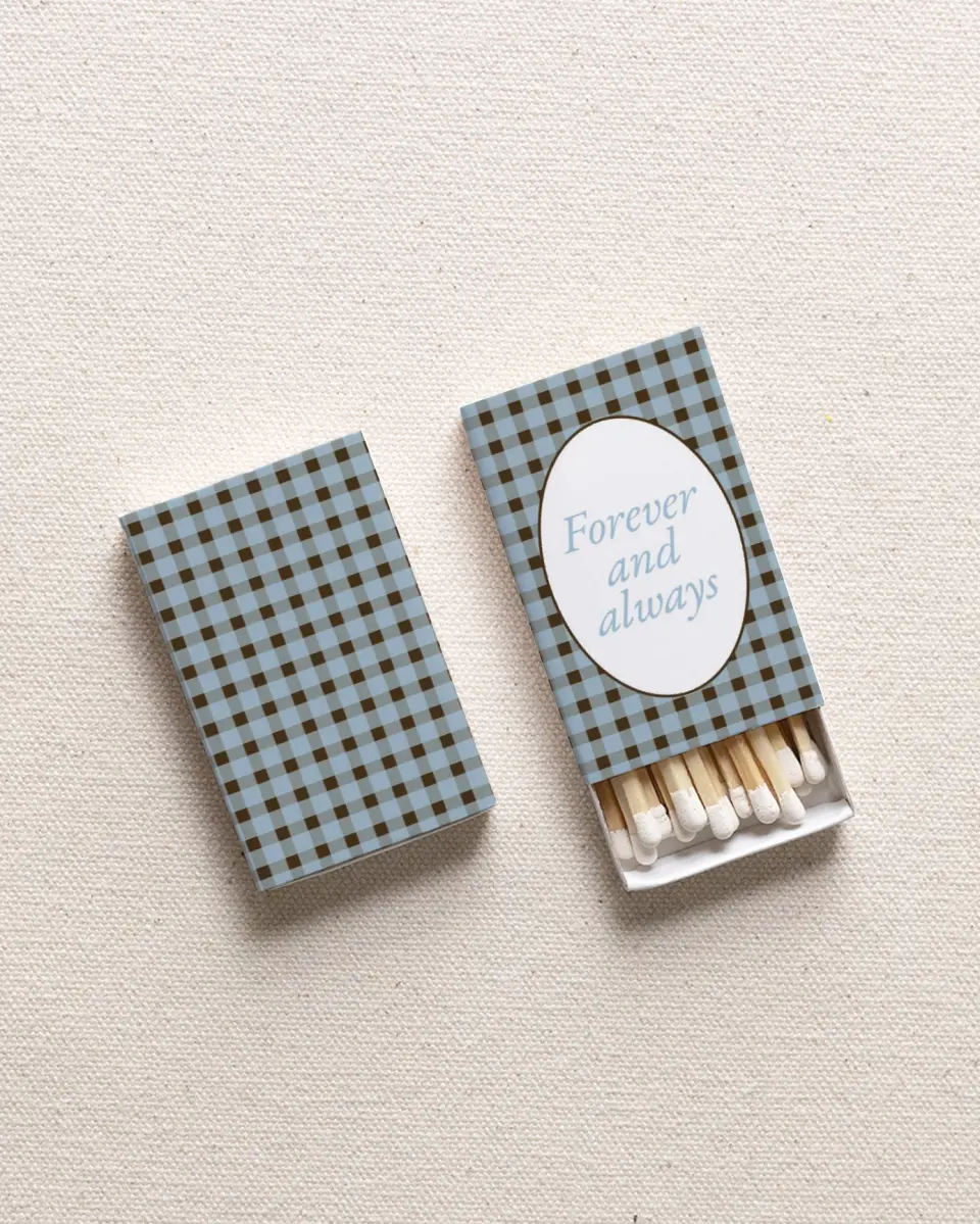 This is a 2.25" x 1.409" x .4" Wedding Matche called Forever and Always printed in full color with Rose Gold foil