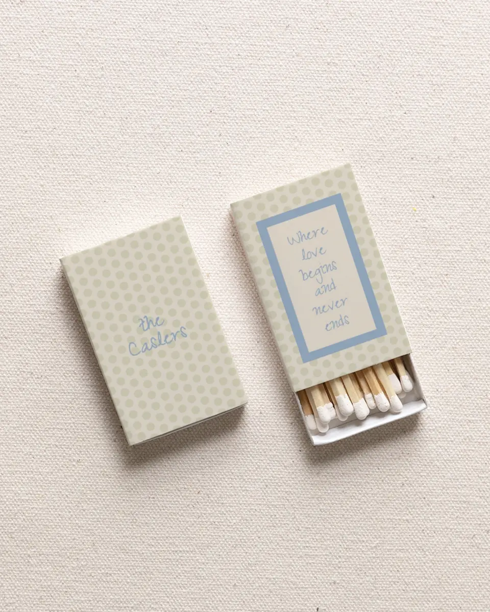 This is a 2.25" x 1.409" x .4" Wedding Matche called Where Love Begins and Never Ends printed in full color with Rose Gold foil