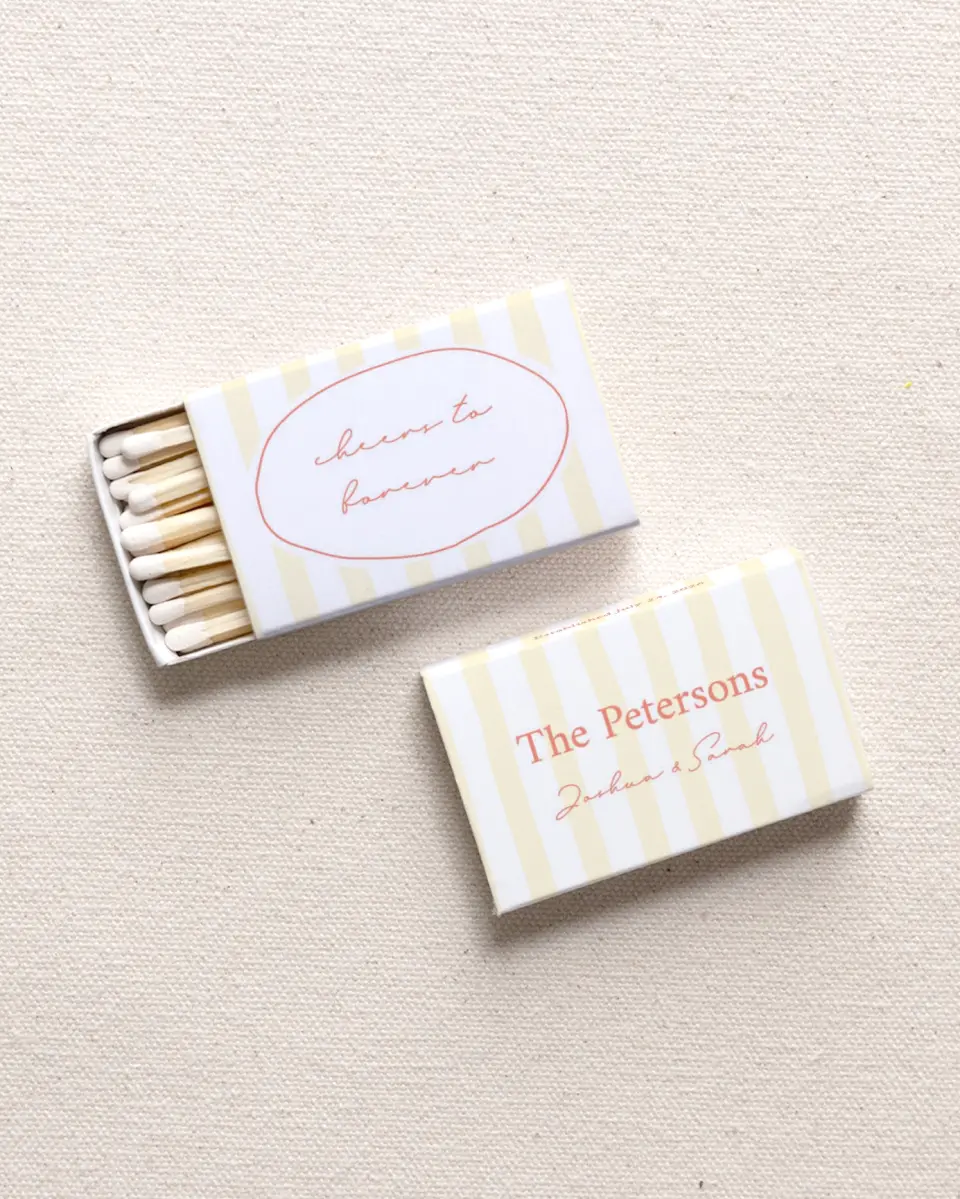 This is a 2.25" x 1.409" x .4" Wedding Matche called Cheers to Forever printed in full color with Gold foil