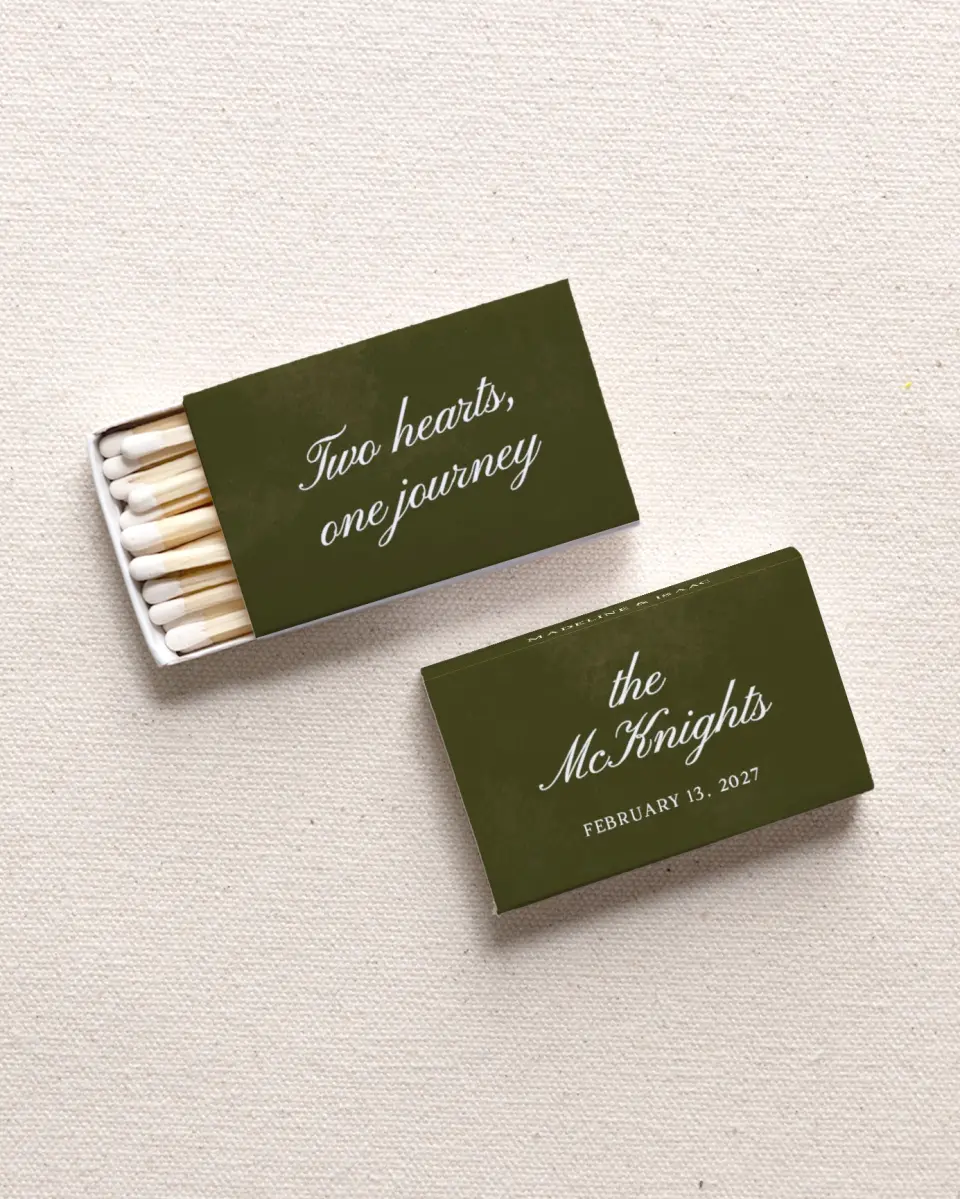 This is a 2.25" x 1.409" x .4" Wedding Matche called Two Hearts, One Journey printed in full color with Rose Gold foil