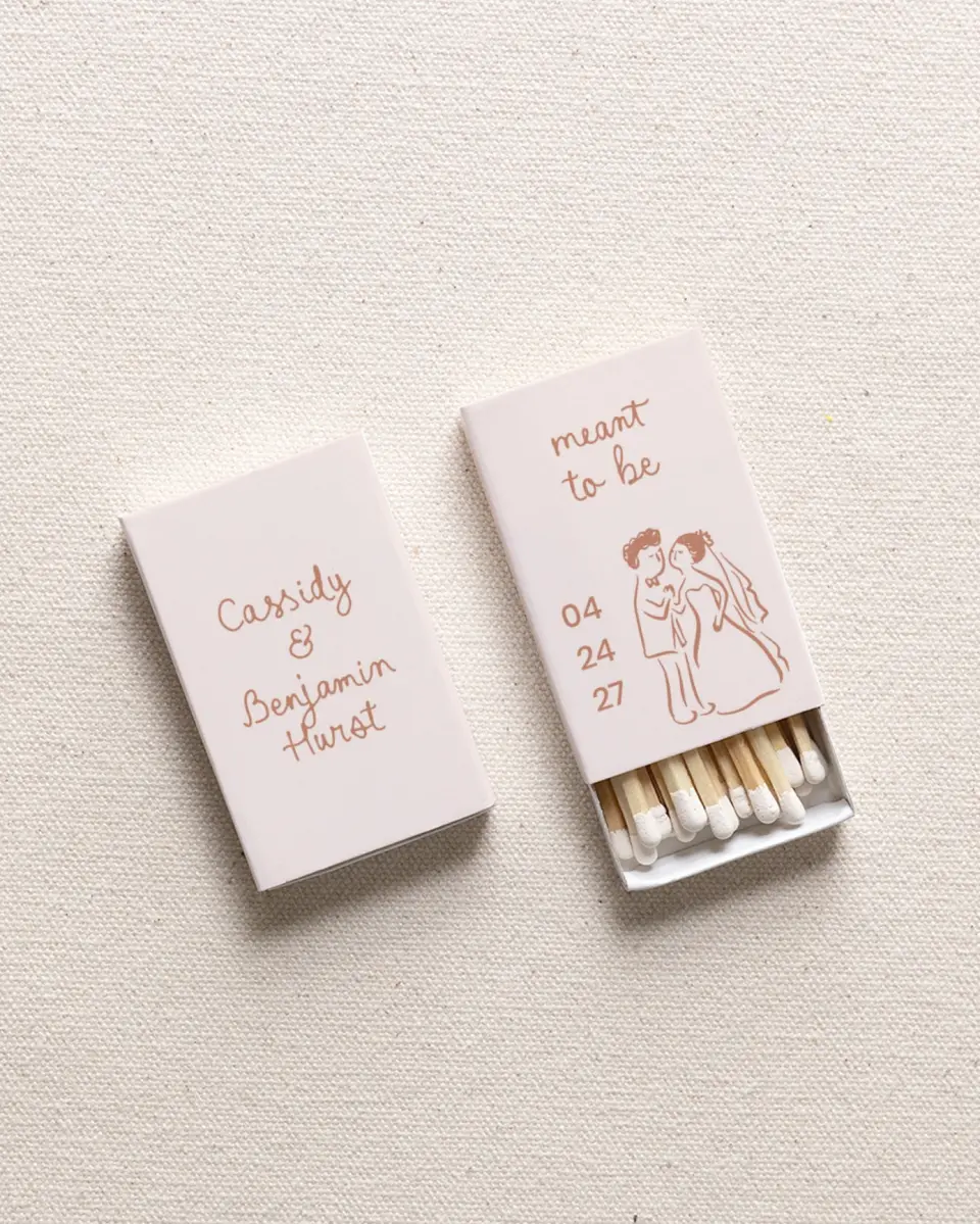 This is a 2.25" x 1.409" x .4" Wedding Matche called Meant to Be printed in full color with Rose Gold foil