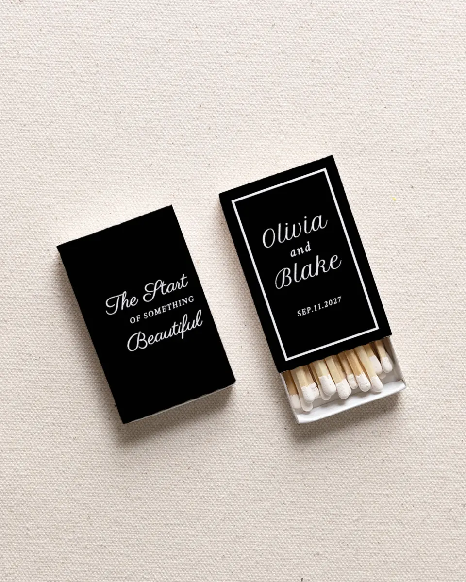This is a 2.25" x 1.409" x .4" Wedding Matche called The Start of Something Beautiful printed in full color with Rose Gold foil
