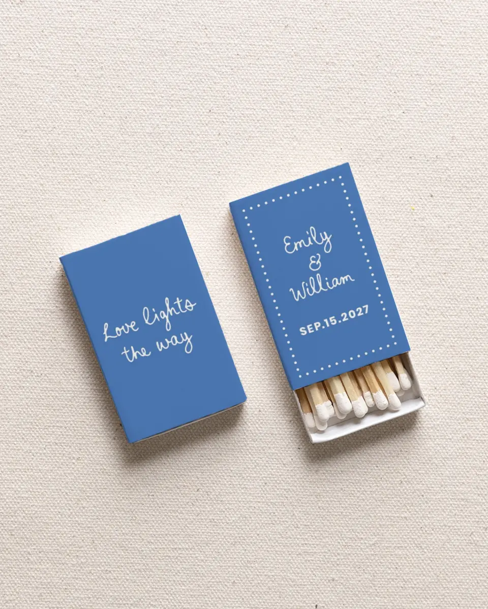 This is a 2.25" x 1.409" x .4" Wedding Matche called Love Lights the Way printed in full color with Rose Gold foil