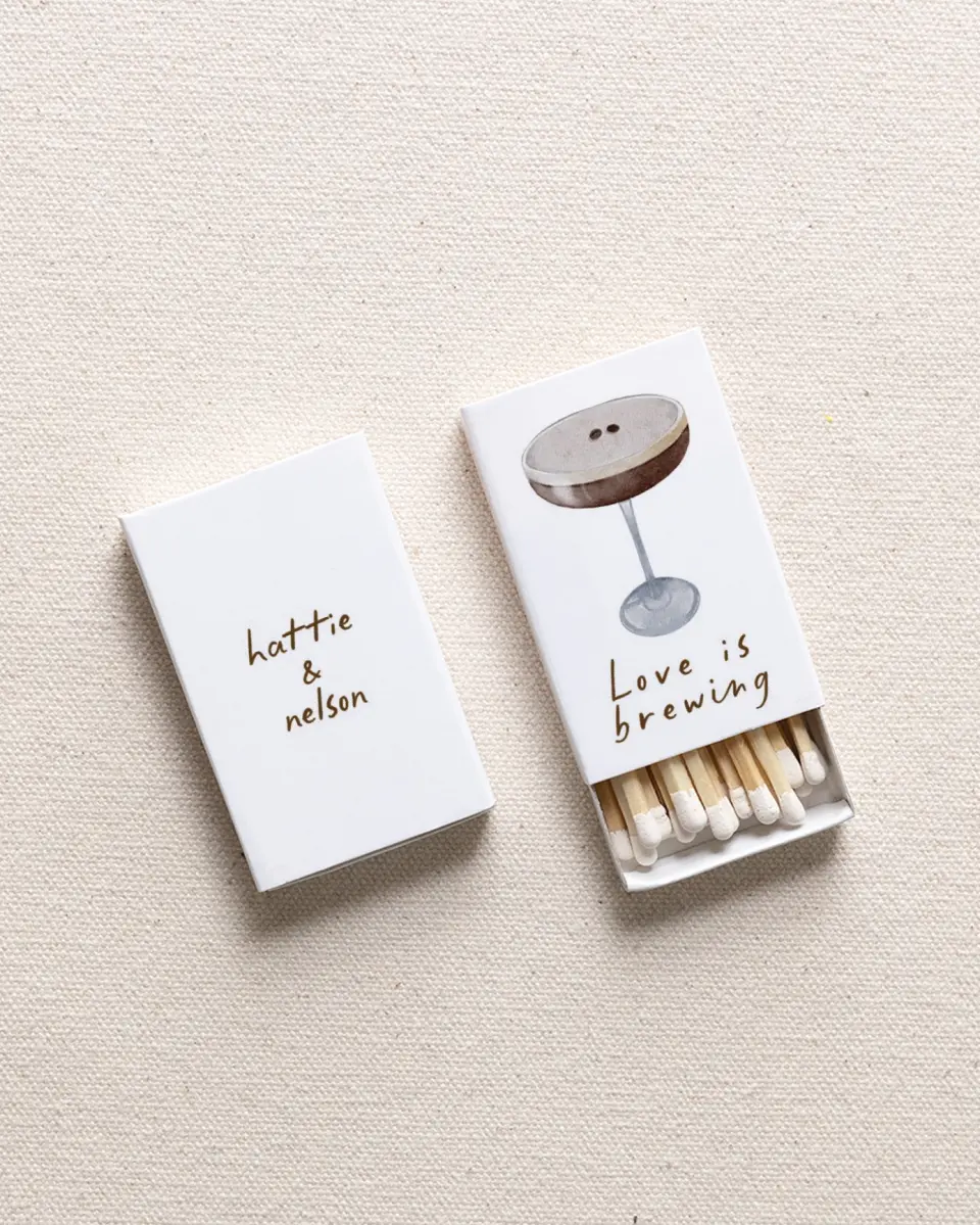 This is a 2.25" x 1.409" x .4" Wedding Matche called Espresso Ever After printed in full color with Rose Gold foil