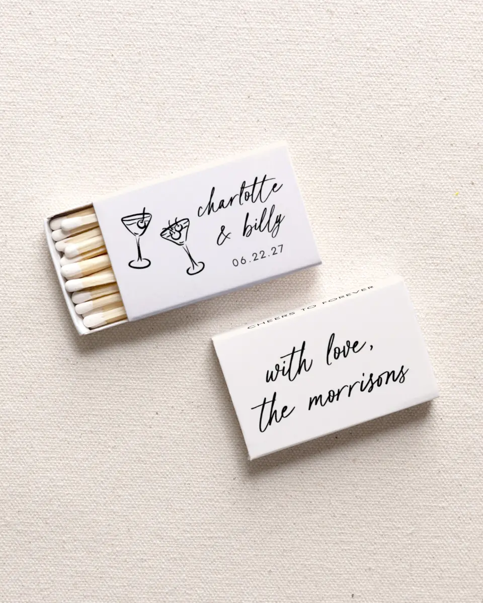 This is a 2.25" x 1.409" x .4" Wedding Matche called Cheers on Cheers printed in full color with Rose Gold foil