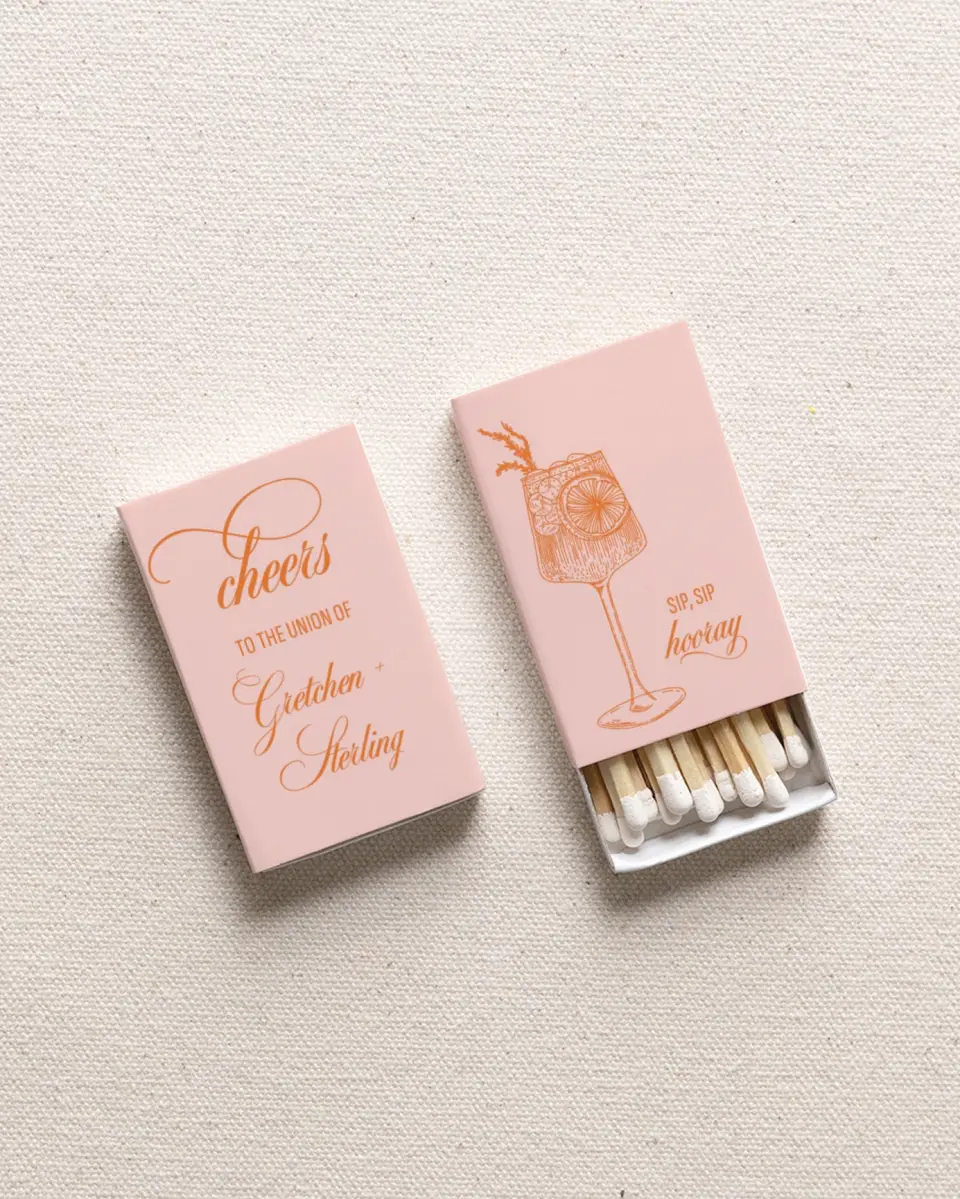 This is a 2.25" x 1.409" x .4" Wedding Matche called Citrus Spritz printed in full color with Rose Gold foil