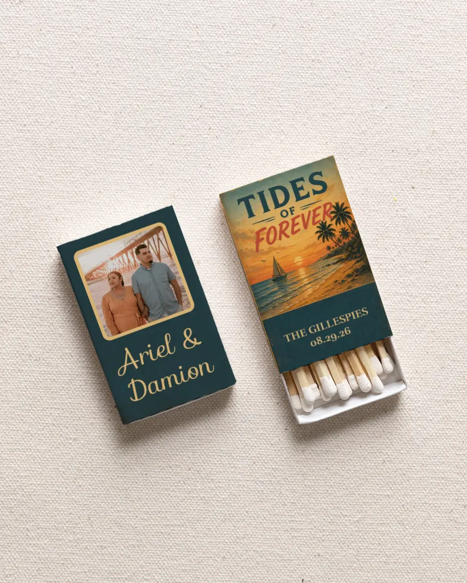 This is a 2.25" x 1.409" x .4" Wedding Matche called Tides of Forever printed in full color with Rose Gold foil