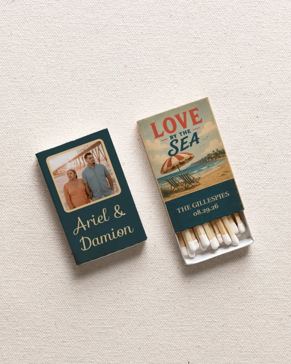 This is a 2.25" x 1.409" x .4" Wedding Matche called Saltwater Kisses printed in full color with Rose Gold foil
