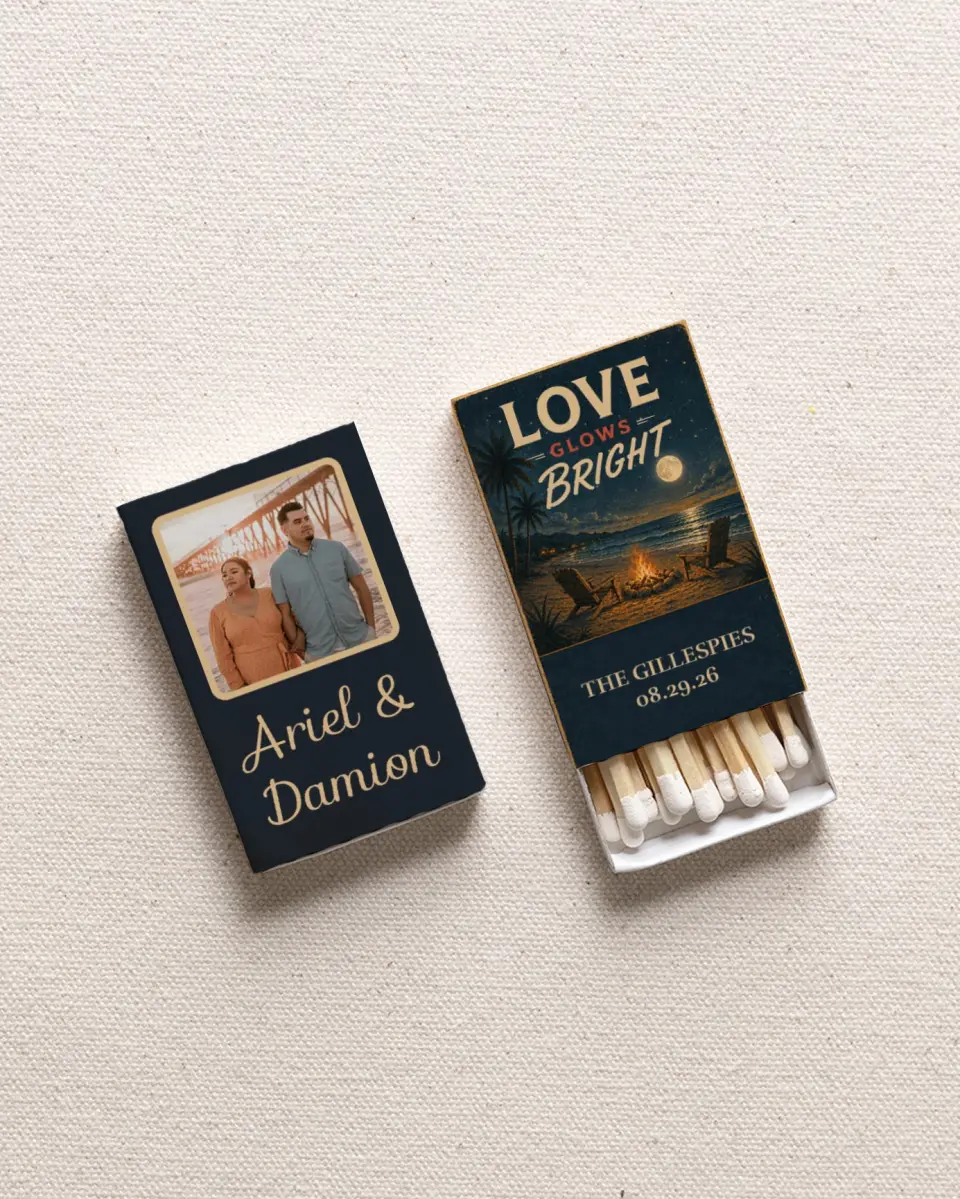 This is a 2.25" x 1.409" x .4" Wedding Matche called Love Glows Bright printed in full color with Rose Gold foil